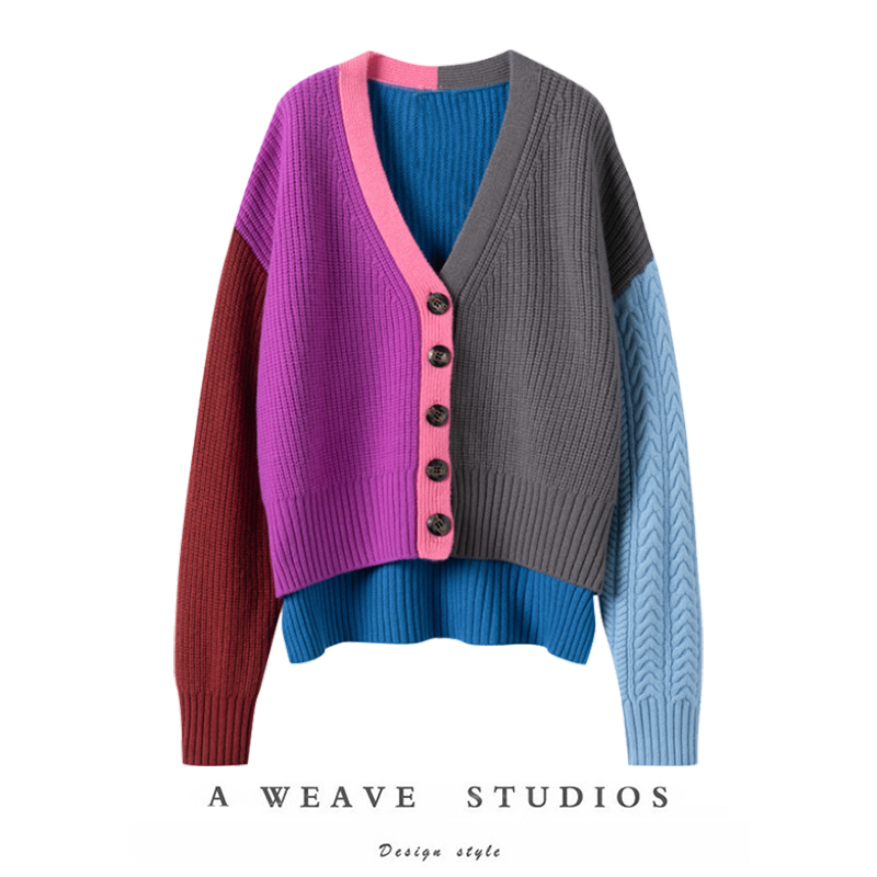 纯山羊绒拼色针织开衫女