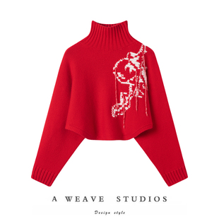 哇太爱了 女 百分百纯山羊绒毛衣设计感宽松高领羊绒提花针织衫