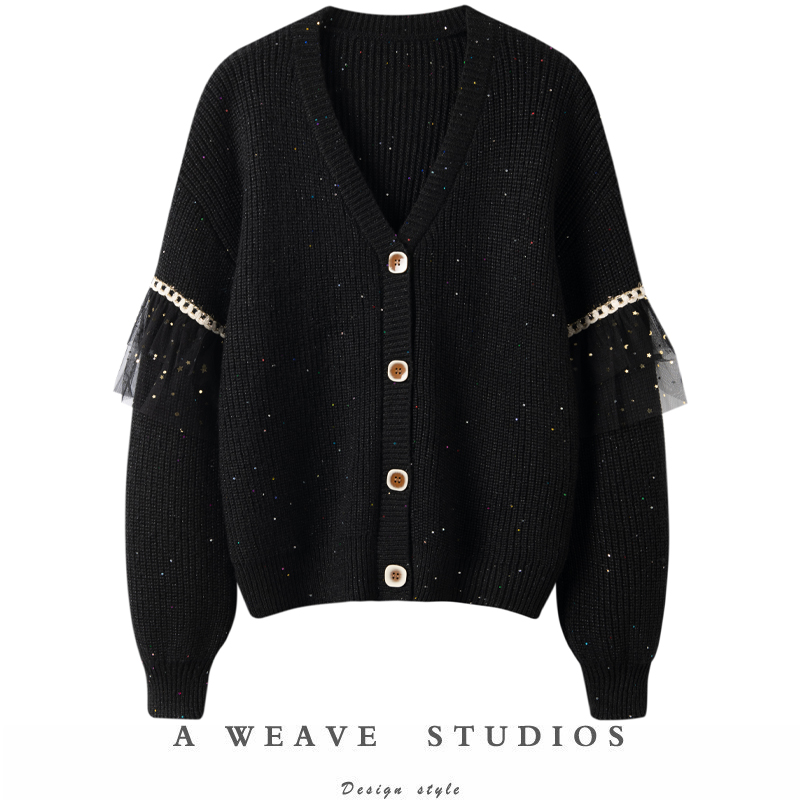 V领拼接针织羊绒开衫上衣