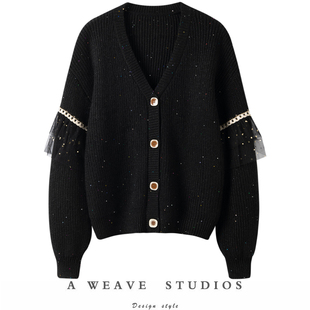 萨琪尼高端大气V领拼接针织羊绒开衫 宽松百搭上衣 女2025年新款