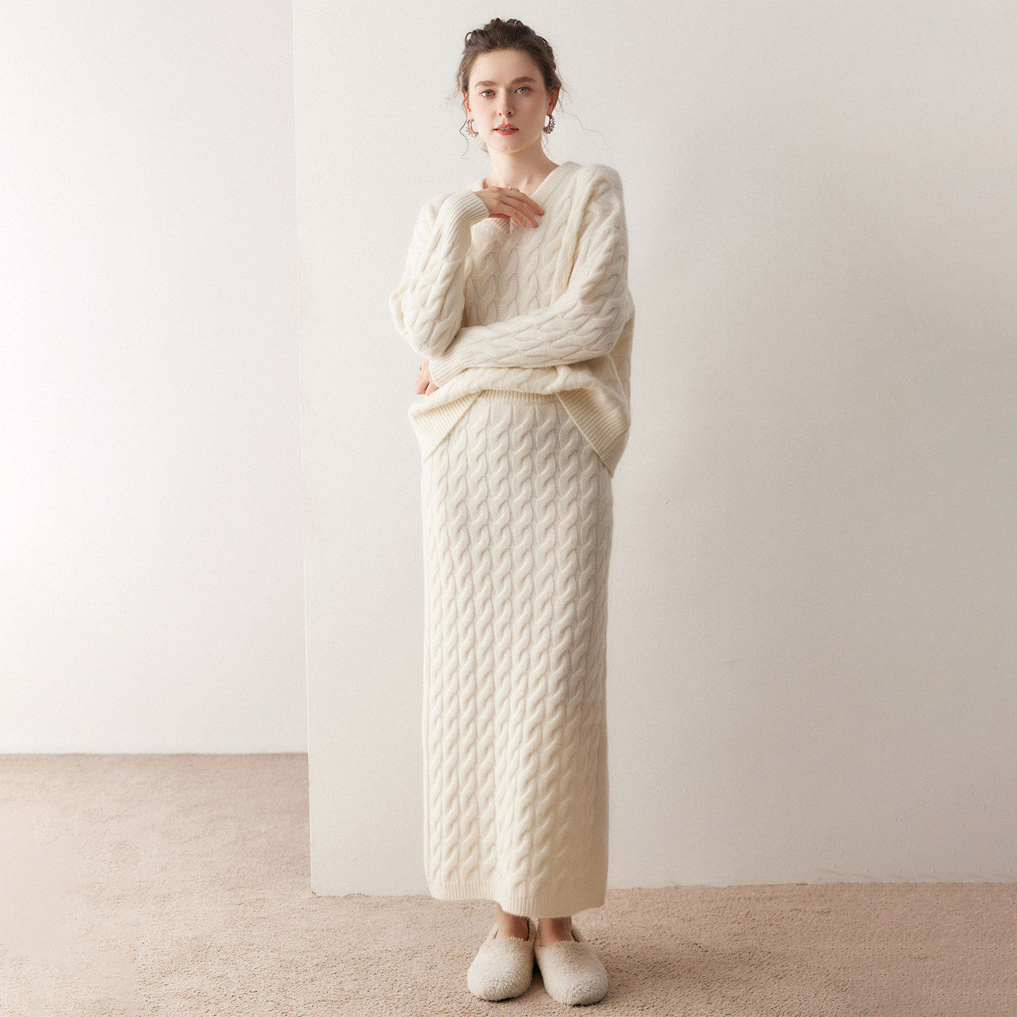 五针加厚麻花山羊绒套装女慵懒风宽松毛衣半身裙2026秋冬新针织衫