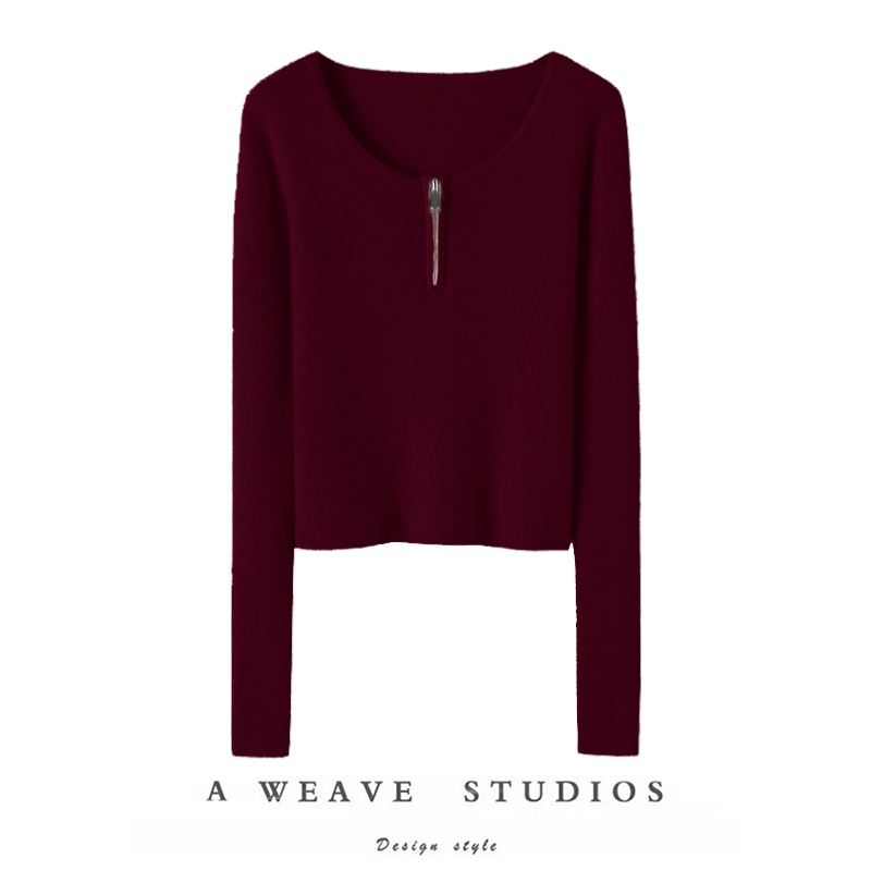 拉链圆领羊绒衫女修身纯羊绒毛衣