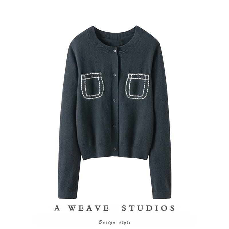 SAQINI100%羊绒衫针织开衫2025秋装新款原创双口袋针织上衣毛衫