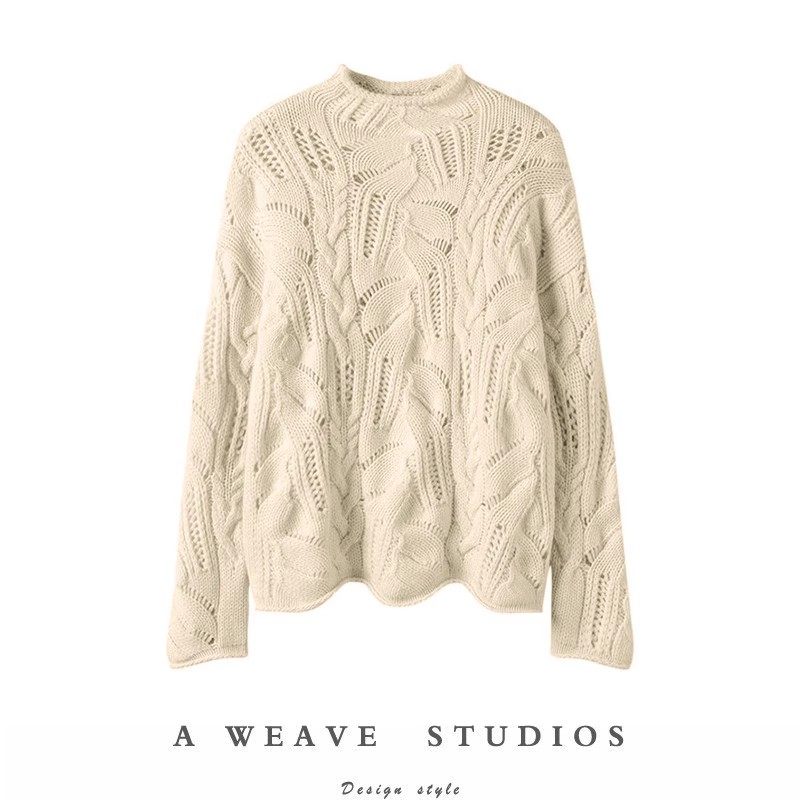 数量不多手慢无！100%纯山羊绒衫女镂空秋冬半高领时尚纯色针织衫