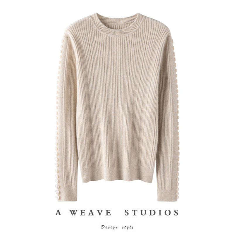 不挑场合穿！袖子排扣圆领羊绒衫女坑条纯羊绒毛衣针织打底衫秋冬,女装/女士精品,羊绒衫,淘宝优惠券,粉丝福利购,淘宝优惠卷