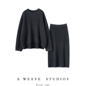 气场全开 女宽松圆领毛衣半身裙休闲羊绒套装 重磅加厚 纯羊绒衫