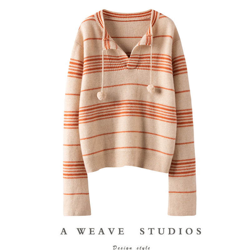 绒球装饰100%山羊绒撞色条纹