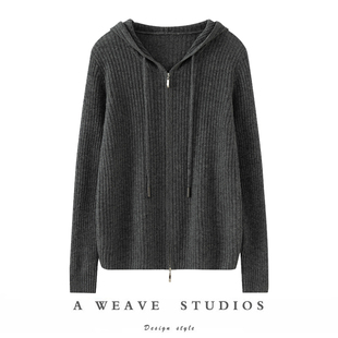 萨琪尼官方！100%山羊绒针织衫双拉链连帽衫毛衣针织连帽外套春秋