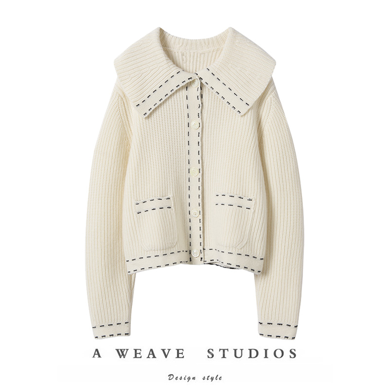 俏皮减龄娃娃领~ 女娃娃领加厚冬羊绒针织开衫小众宽松虚线条外套