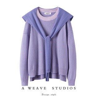 萨琪尼〓绒+粉色条纹可拆卸披肩廓形100%羊绒毛衣女衫2025秋冬新