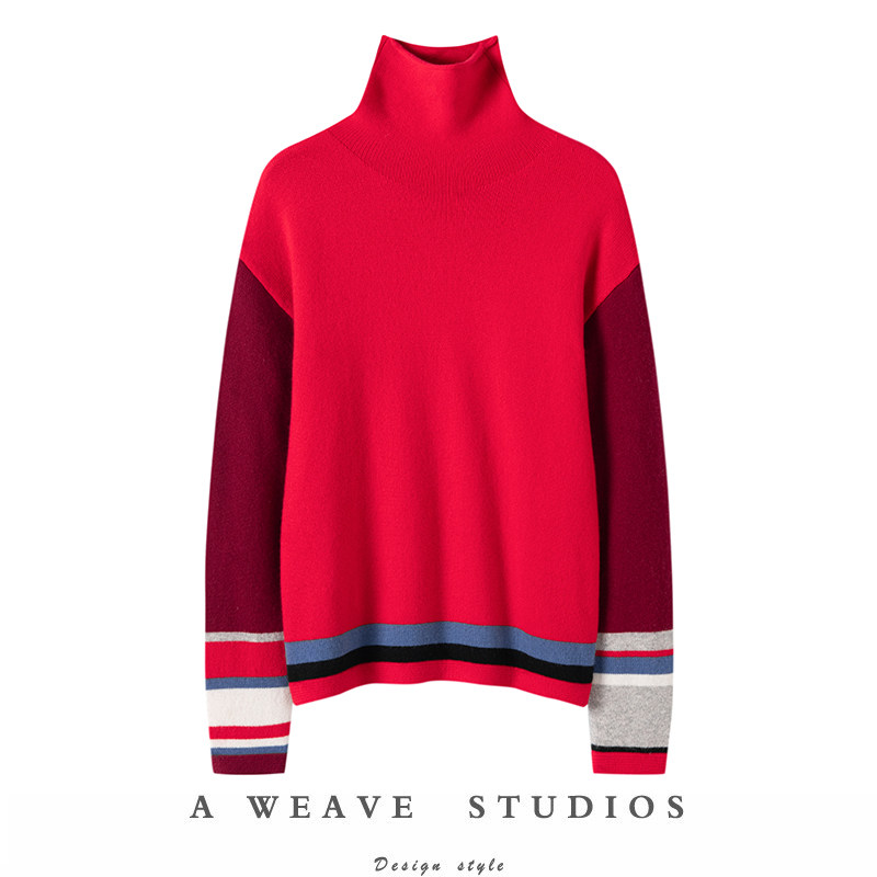 格外显肤白！撞色高领山羊绒衫女纯羊绒毛衣针织打底衫宽松秋冬,女装/女士精品,羊绒衫,淘宝优惠券,粉丝福利购,淘宝优惠卷