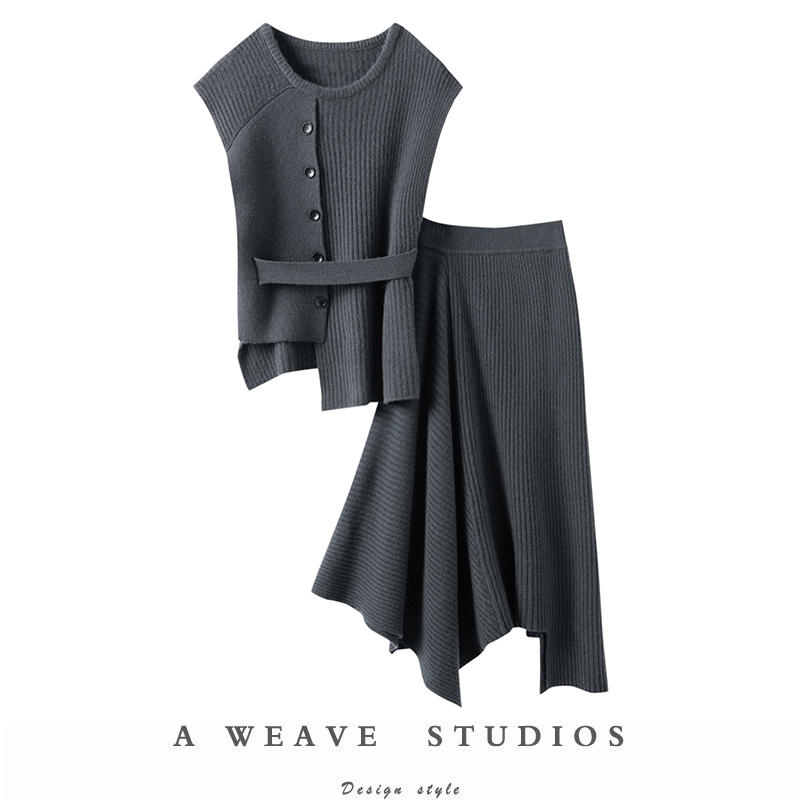 坑条圆领羊绒马甲背心高腰