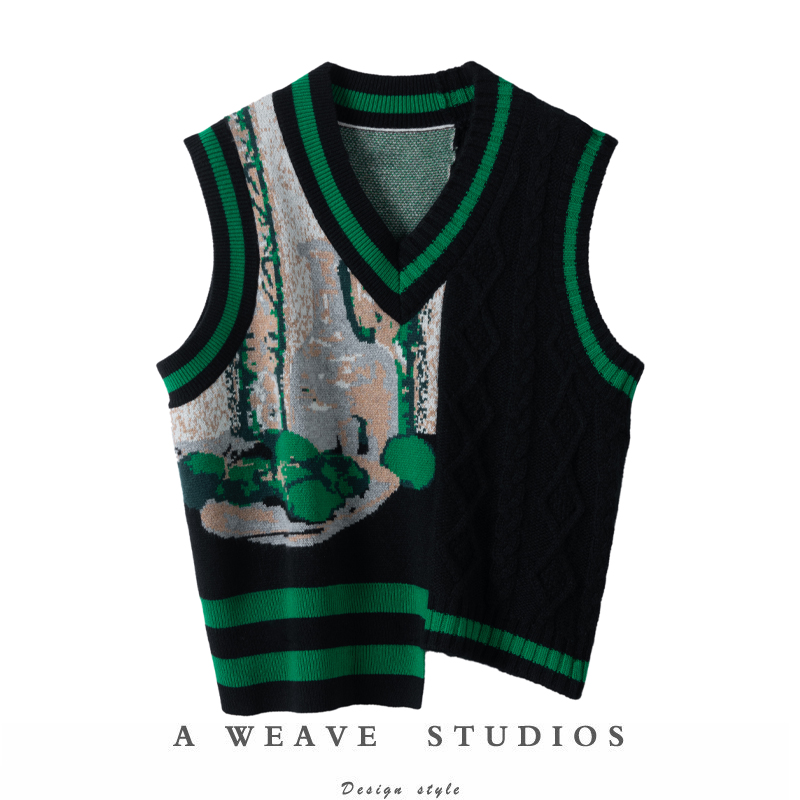 羊绒马甲不规则V领撞色图案