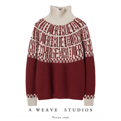 美翻N倍~ 100%山羊绒新年红撞色字母针织衫立领显瘦套头毛衣