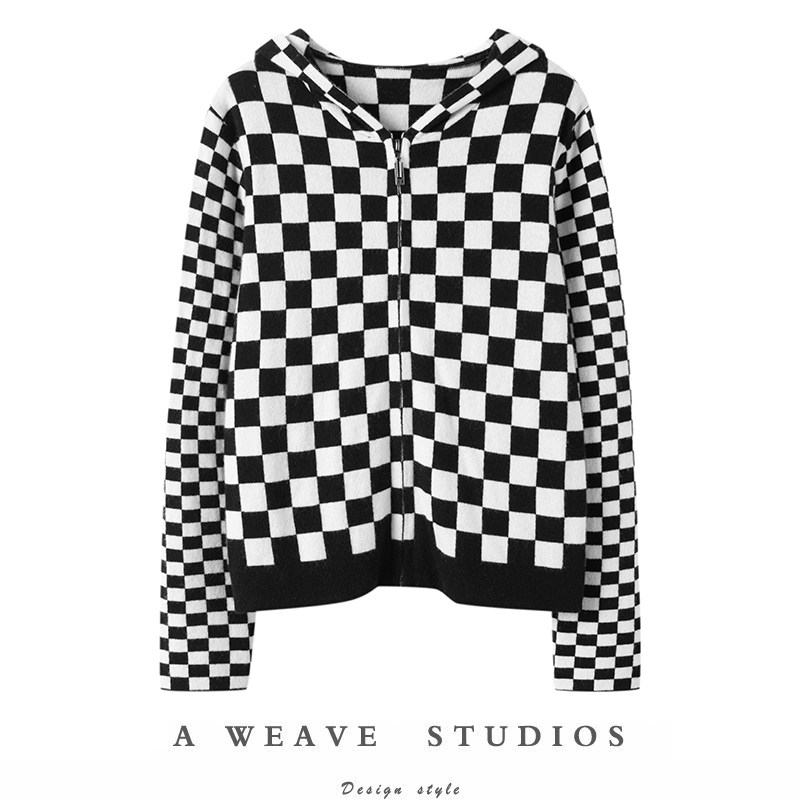 颜值质感都在线！棋盘格连帽羊绒衫女毛衣帽衫针织拉链开衫外套厚,女装/女士精品,羊绒衫,淘宝优惠券,粉丝福利购,淘宝优惠卷