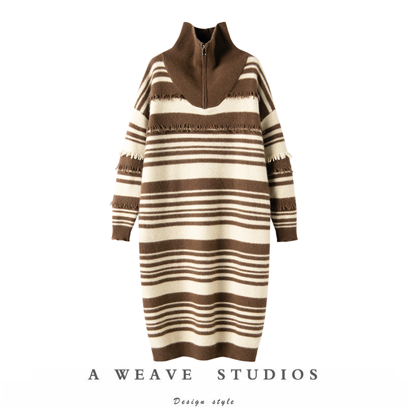 撞色的美感~100%羊绒针织连衣裙女宽松显瘦毛衣裙长袖流苏打底