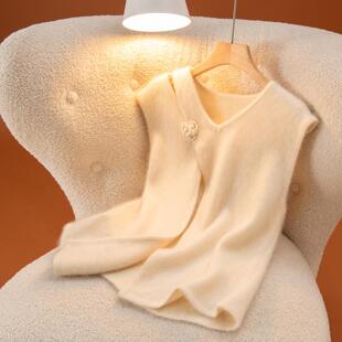 休闲时髦拉绒山羊绒马甲背心优雅花朵无袖毛衣25秋冬叠穿套头针织