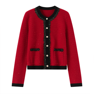 奢华气质~100%纯山羊绒衫女加厚小香风红色亮片针织开衫短款外套
