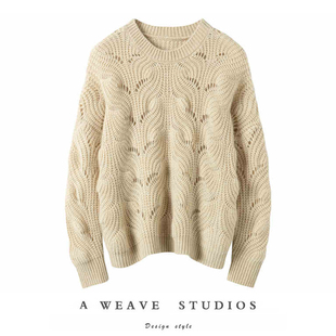 简约而别致~圆领山羊绒衫女100纯羊绒毛衣宽松套头针织衫