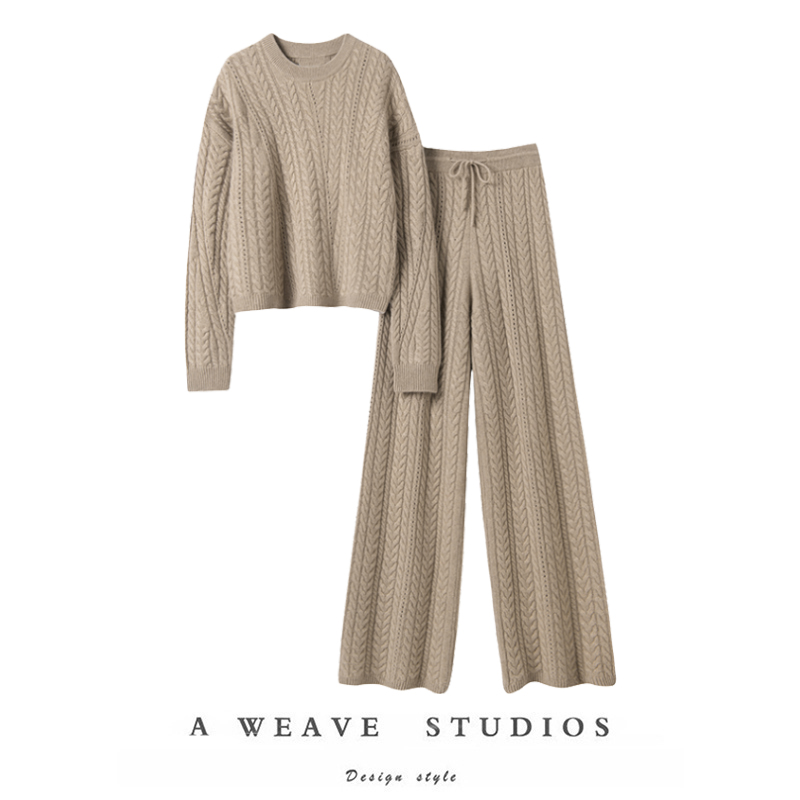 毛衣阔腿裤大克重羊绒套装