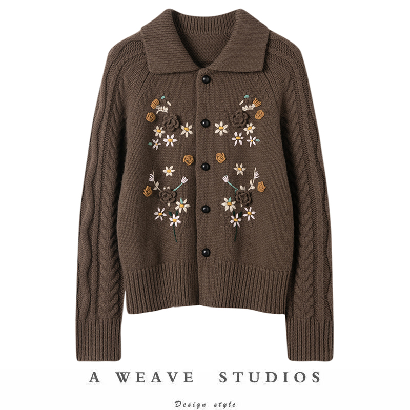 美奢到炸裂！文艺感手作立体绣花翻领纯羊绒针织开衫外套女25新款