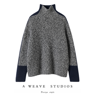 穿出存在感 高领毛衣 百分百纯山羊绒混灰藏青撞色粗棒针织羊绒衫