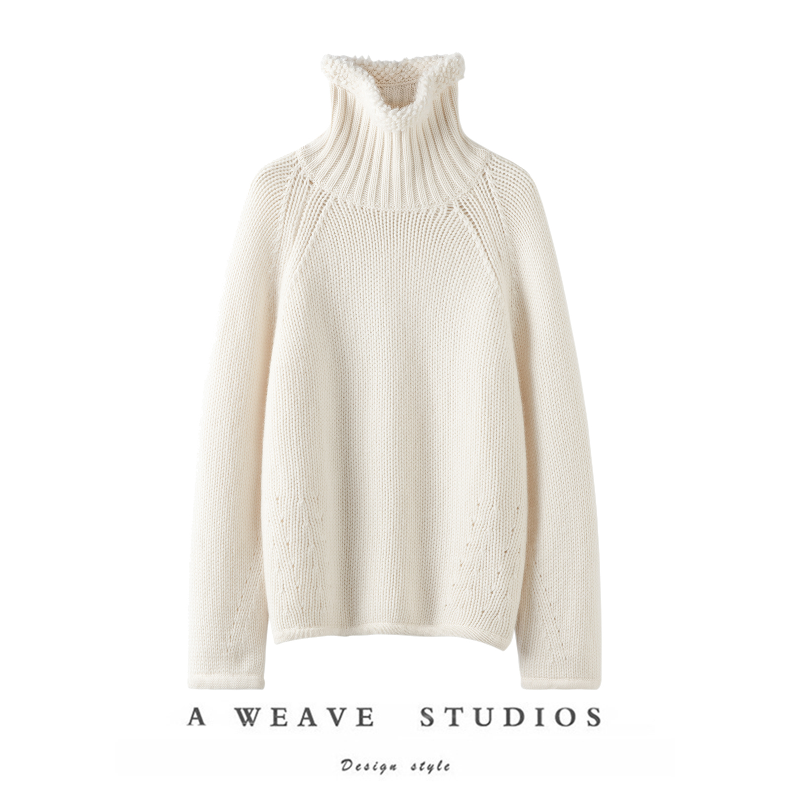 简约而不失高雅~〓绒+〓大克重棒针 白色毛边高领廓形羊绒毛衣女