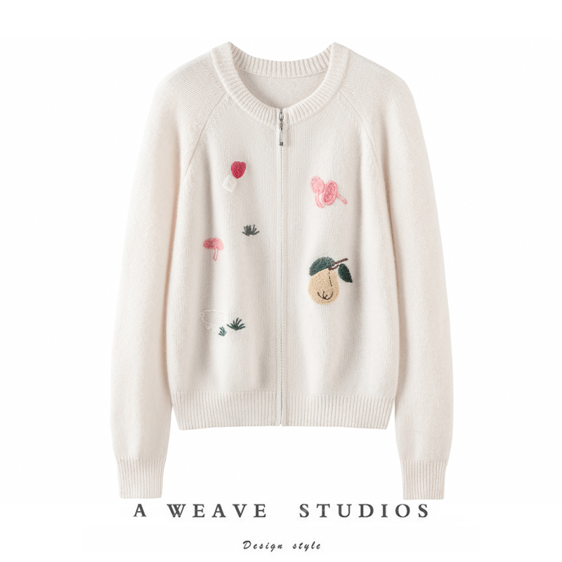 萨琪尼甜美韩系圆领100%山羊绒插肩袖彩色图案刺绣针织衫开衫外套