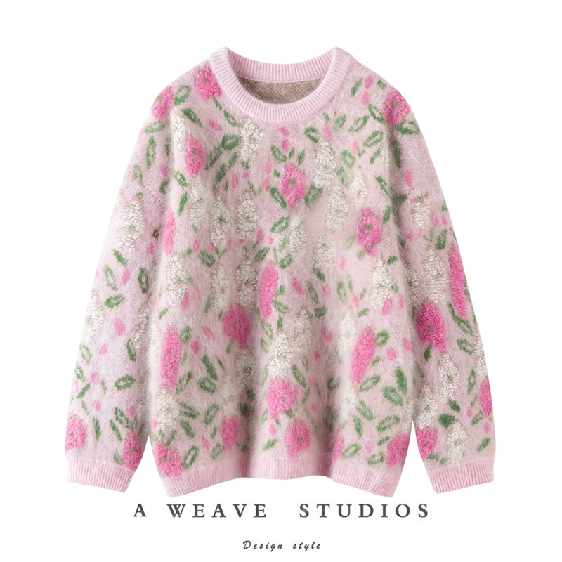 【桃枝夭夭】皇室拉绒100%纯山羊绒毛巾绣拉绒毛衣女秋冬新款