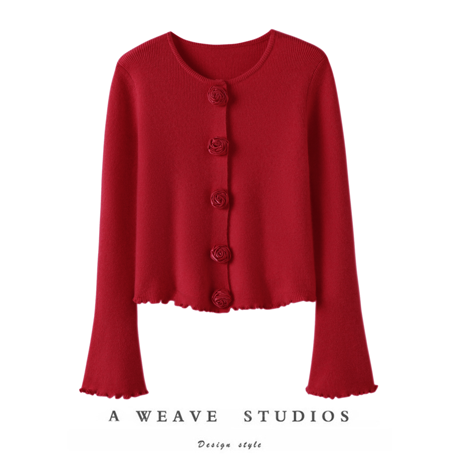 官方正品！花朵纽扣100%纯山羊绒开衫女纯羊绒毛衣针织开衫短外套