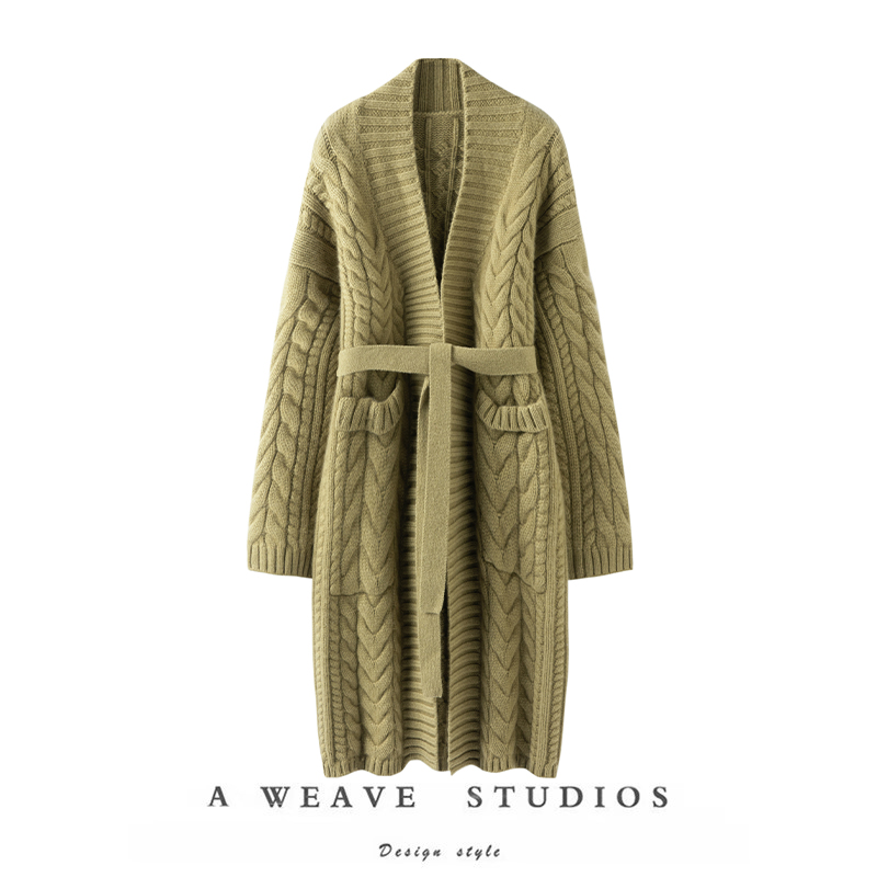 粗棒针廓形羊绒开衫长款外套