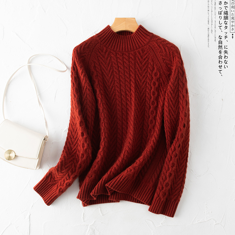 不简单！~三股加厚半高领麻花打底羊绒衫女100%山羊绒保暖针织衫