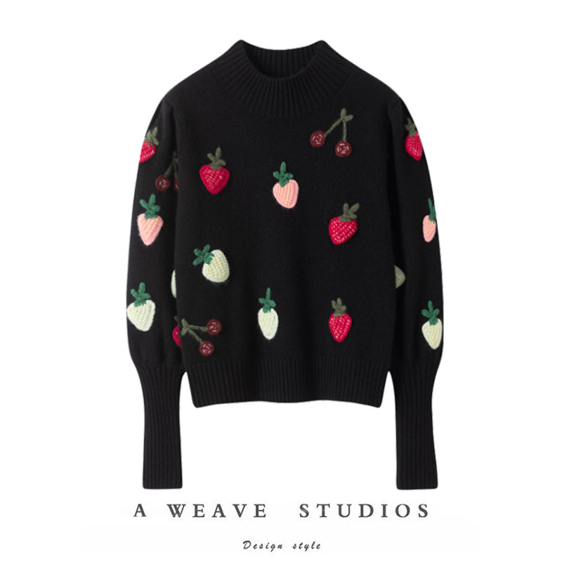 萨琪尼官方正品！纯手工钩花草莓半高领羊绒衫纯羊绒毛衣秋冬加厚