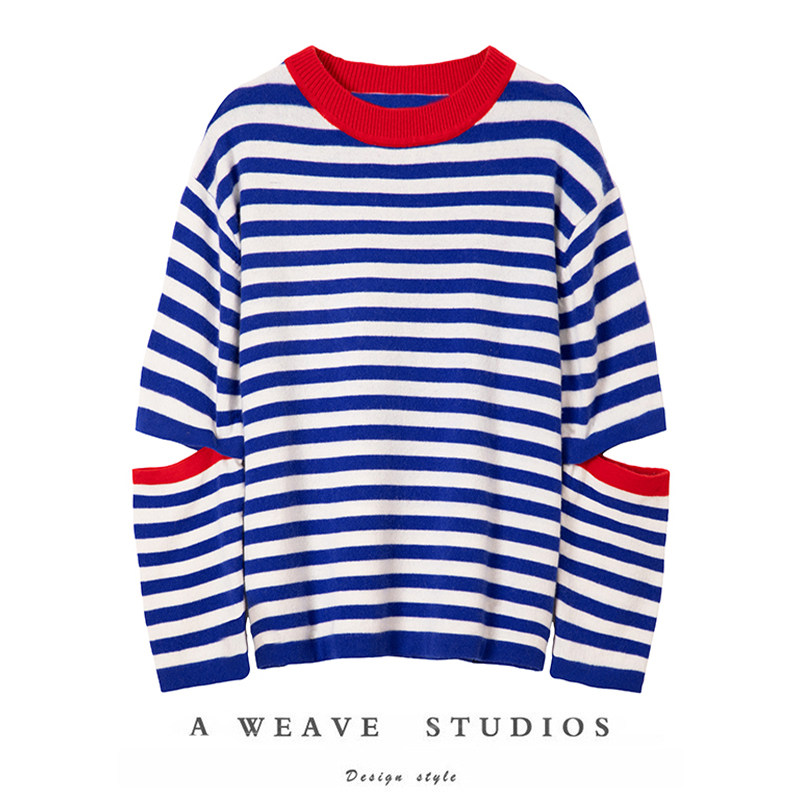 袖开口条纹羊绒衫女圆领