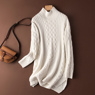 SQN美到哭泣~半高领羊绒衫女100纯山羊绒加厚宽松中长款毛衣女冬