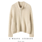 温暖帅气高领加厚麻花羊绒开衫 正品 重达830克 女拉链毛衣外套