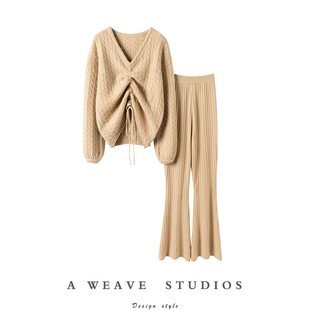 绞花抽绳灯笼袖 纯羊绒套装 羊绒衫 喇叭裤 女羊绒裤 聚光灯围绕