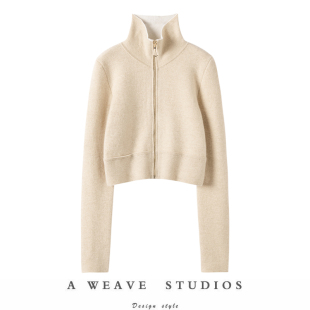 上身就被夸!100%纯山羊绒修身短款针织拉链开衫高领长袖小外套