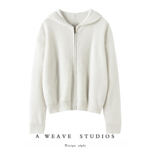 100%纯山羊绒针织外套女2025秋冬新款休闲风华夫格连帽卫衣