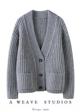 随心双倍时髦~100%纯山羊绒开衫女加厚保暖V领针织毛衣宽松百搭