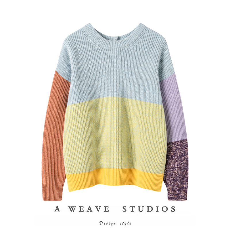 圆领拼色羊绒毛衣外穿针织开衫