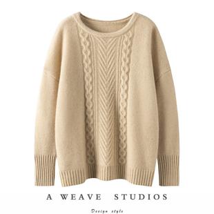 倾情推荐~加厚百分百纯山羊绒衫女秋冬外穿圆领绞花羊绒毛衣宽松