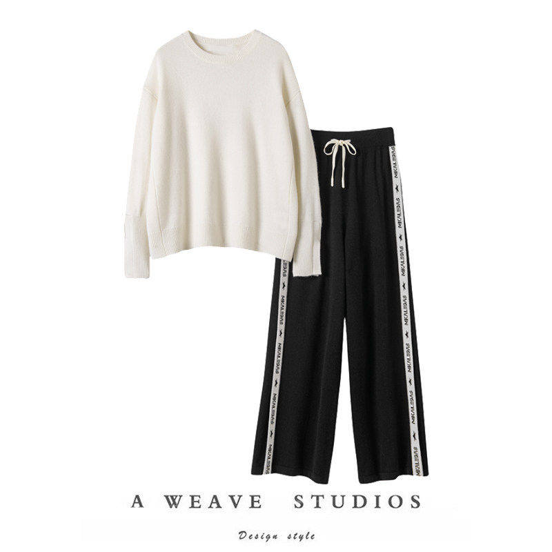 好看不止一点~白色开叉袖羊绒毛衣侧边提花织带阔腿裤羊绒套装,女装/女士精品,羊绒衫,淘宝优惠券,粉丝福利购,淘宝优惠卷