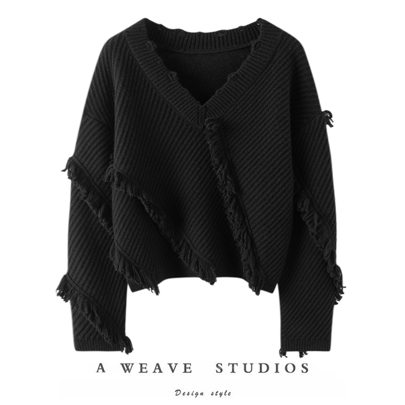 坑条流苏重磅加厚V领山羊绒衫女