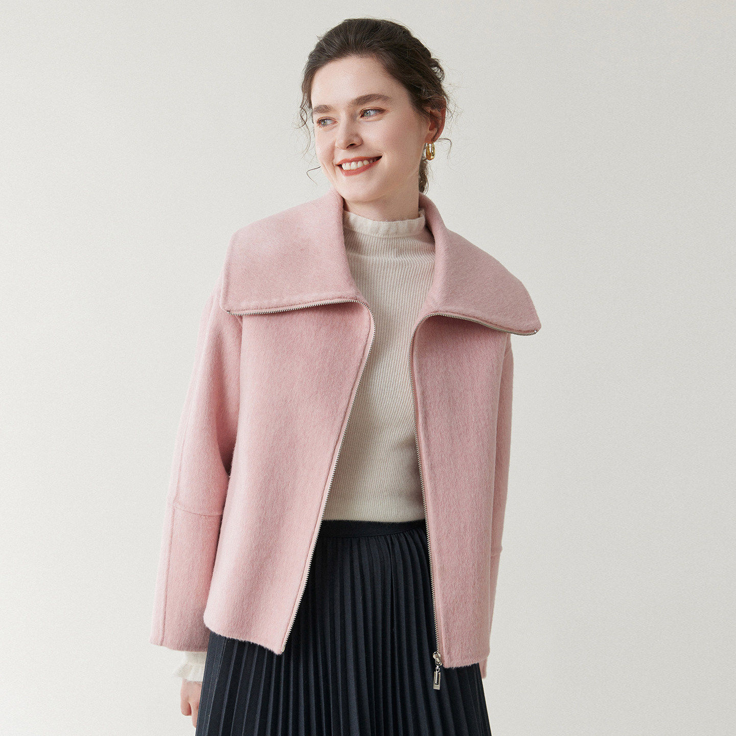 宽松拉链双面羊毛呢大衣女2026秋冬新大翻领短款羊绒毛呢外套粉色