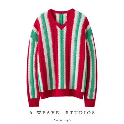 明星都钟爱~加厚V领100%纯山羊绒衫女拼色纯羊绒毛衣针织衫慵懒风