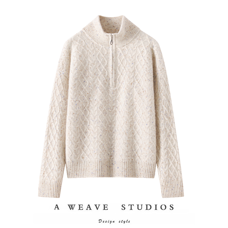 半高领羊绒衫女100%纯山羊绒点子纱针织重磅加厚宽松绞花打底毛衣