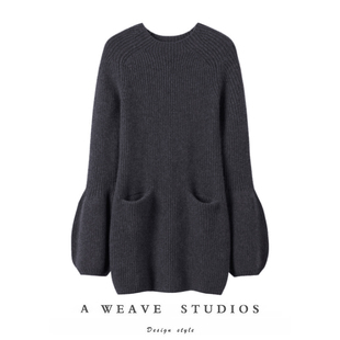 迷人！大克重厚灯笼袖羊绒衫女中长款圆领修身纯羊绒毛衣连衣裙子