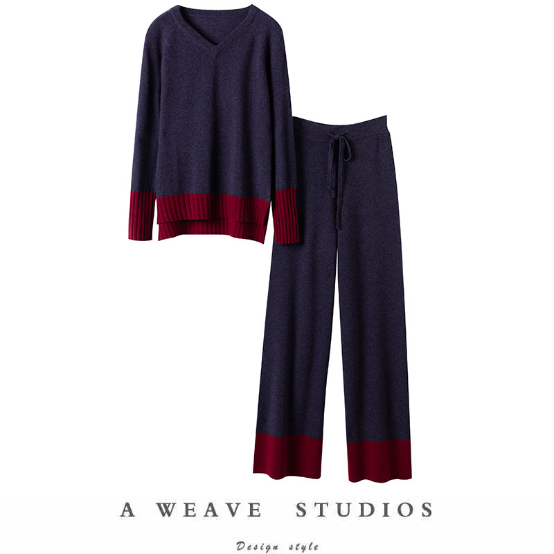 美到窒息！拼色V领毛衣阔腿裤子紫色羊绒套装 羊绒衫 女 纯羊绒,女装/女士精品,羊绒衫,淘宝优惠券,粉丝福利购,淘宝优惠卷