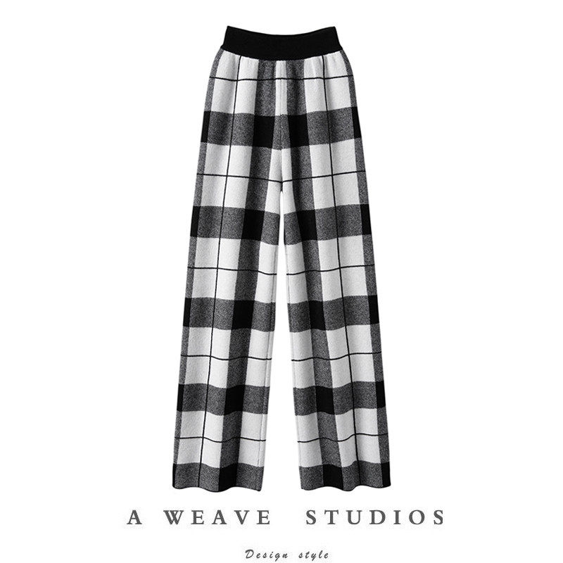 妈呀！裤型好的没谁了！黑白格密织加厚羊绒裤子女外穿休闲阔腿裤